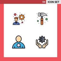 Mobile Interface Filledline Flat Color Set of 4 Pictograms of developer hands claw hammer employee gear Editable Vector Design Elements