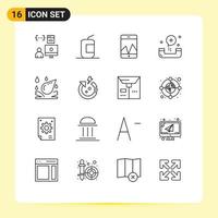 Pack of 16 Modern Outlines Signs and Symbols for Web Print Media such as form emergency fast food disease smartphone Editable Vector Design Elements