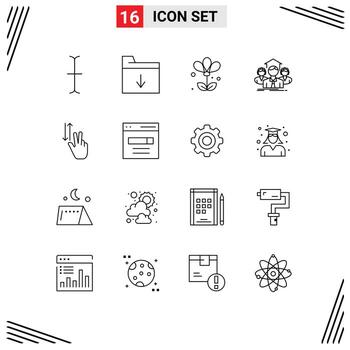 conjunto moderno de 16 contornos pictograma de gestos hacia arriba grupo de dedos de resorte elementos de diseño vectorial editables vector