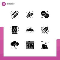 Set of 9 Commercial Solid Glyphs pack for nature hill free mountain loading Editable Vector Design Elements