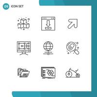 Modern Set of 9 Outlines Pictograph of browser globe loading repair computer Editable Vector Design Elements