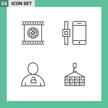 Modern Set of 4 Filledline Flat Colors and symbols such as camera lenses body photographic objective smart watch padlock Editable Vector Design Elements