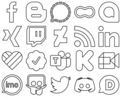 20 iconos de redes sociales de línea negra personalizables y de alta resolución, como Linkedin. rss. maní. iconos deviantart y xing. llamativo y editable vector