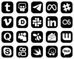 20 Fully Editable White Social Media Icons on Black Background such as myspace. quora. vimeo. lastfm and linkedin icons. High-resolution and editable vector