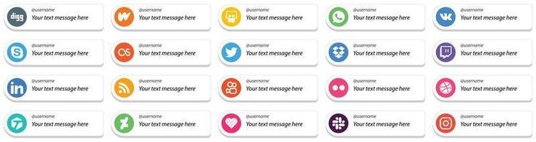 Card Style Social Media Platform Follow Me Icons with Custom Message Option 20 pack such as kuaishou. rss. lastfm. professional and twitch icons. Fully editable and unique vector