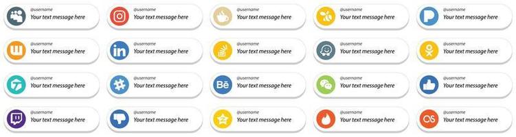 estilo de tarjeta sígueme conjunto de iconos de plataforma de redes sociales con opción de mensaje personalizado 20 iconos como odnoklassniki. Desbordamiento. Pandora. iconos de stock y stockoverflow. alta resolución y editable vector