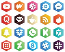 conjunto de iconos blancos de color plano hexagonal como yesca. rss. iconos fb y cafeína. 25 iconos profesionales vector