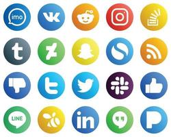 20 íconos versátiles de redes sociales como rss. snapchat iconos de deviantart y desbordamiento. totalmente editable y versátil vector