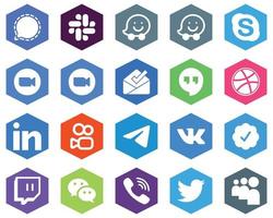 20 Unique White Icons telegram. professional. video. linkedin and google hangouts Hexagon Flat Color Backgrounds vector