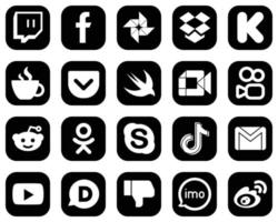 20 Stylish White Social Media Icons on Black Background such as reddit. caffeine. video and swift icons. Modern and high-quality vector