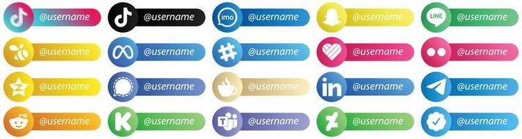 Follow me Social Network Platform Card Style Icon Set 20 icons such as yahoo. likee. spotify and meta icons. Versatile and premium vector