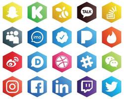 25 Minimalistic White Icons such as weibo. pandora. overflow. twitter verified badge and video icons. Hexagon Flat Color Backgrounds vector