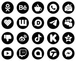 20 High-Quality White Social Media Icons on Black Background such as sina. facebook. wattpad and dislike icons. Creative and professional vector