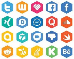 20 Modern White Icons music. soundcloud. disqus and question Hexagon Flat Color Backgrounds vector