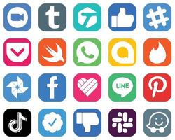 20 íconos populares de redes sociales como Facebook. spotificar iconos de Google Photo y Google Allo. colección de iconos degradados vector