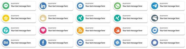estilo de tarjeta sígueme conjunto de iconos de plataforma de redes sociales con opción de mensaje personalizado 20 iconos como myspace. iconos de mensajería y transmisión. alta resolución y editable vector