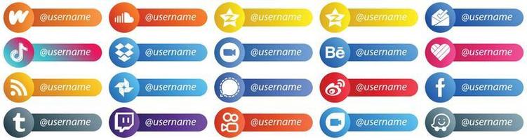 20 iconos de estilo de tarjeta de plataforma de red social sígueme de alta resolución, como reuniones. zoom. bandeja de entrada. iconos de dropbox y china. editable y de alta resolución vector