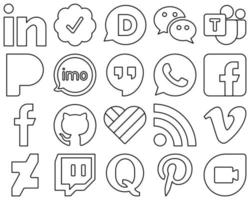 20 íconos de redes sociales de línea negra limpios y modernos como facebook. iconos de pandora y whatsapp. limpio y minimalista vector