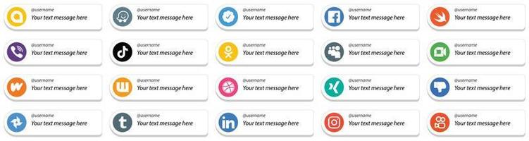 plataforma de redes sociales de estilo tarjeta sígueme íconos con opción de mensaje personalizado paquete de 20 como google meet. odnoklassniki. rakuten e íconos de video. completamente editable y único vector