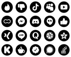 20 íconos profesionales de medios sociales blancos sobre fondo negro como la discordia. Facebook. mi espacio. iconos de mensajero y madres. editable y de alta resolución vector