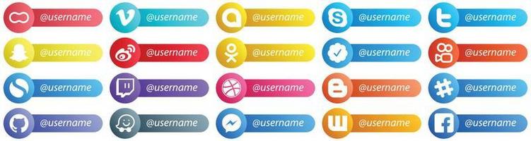 20 simples iconos de estilo de tarjeta de plataforma de red social sígueme como kuaishou. odnoklassniki. iconos de twitter y sina. creativo y profesional vector