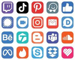 20 íconos simples de redes sociales como gmail. meta. me gusta e iconos de instagram. colección de iconos degradados vector