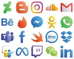 Gradient Icons of Top Social Media 20 pack such as odnoklassniki. facebook. music. messenger and behance icons. Versatile and professional vector