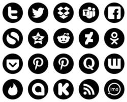 20 iconos innovadores de medios sociales blancos sobre fondo negro como quora. bolsillo. simple. iconos odnoklassniki y reddit. único y de alta definición vector