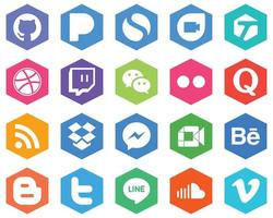 20 Modern White Icons facebook. dropbox. messenger. feed and question Hexagon Flat Color Backgrounds vector