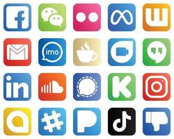 20 íconos de redes sociales para cada plataforma, como la cafeína. video. Facebook. iconos de audio y correo. llamativo y de alta definición vector