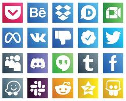 20 íconos profesionales de redes sociales como mensajes. mi espacio. Facebook. iconos de insignia verificados de tweet y twitter. totalmente personalizable y profesional vector