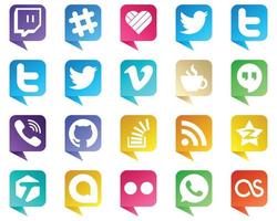 Chat bubble style Social Media Brand Icons 20 pack such as stock. stockoverflow. streaming. github and rakuten icons. Fully editable and professional vector