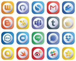 20 Cute 3D Gradient Modern Social Media Icons such as audio. blog. streaming and tumblr icons. Fully Editable and Modern vector