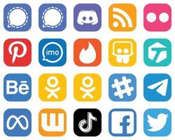 20 íconos esenciales de redes sociales como slideshare. alimento. iconos de video e imo. iconos de redes sociales degradados vector