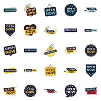 Open now banner pack 25 designs for any type of business vector