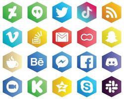 25 Stylish White Icons such as gmail. stock. question and video icons. Hexagon Flat Color Backgrounds vector