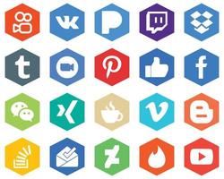 Hexagon Flat Color White Icon Pack messenger. meeting. fb and facebook 20 Customizable Icons vector