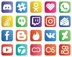 20 íconos versátiles de redes sociales como la bandeja de entrada. meta. desbordamiento de existencias. iconos de instagram y google hangouts. minimalista y personalizable vector