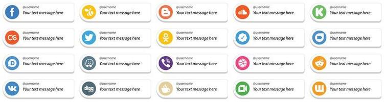 20 High Quality Card Style Follow Me Social Media Icons with Custom Message Option such as disqus. twitter verified badge. music. odnoklassniki and twitter icons. Unique and high definition vector