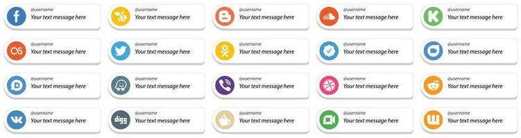 20 estilo de tarjeta de alta calidad sígueme íconos de redes sociales con opción de mensaje personalizado como disqus. insignia verificada de twitter. música. iconos de odnoklassniki y twitter. único y de alta definición vector