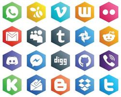 Hexagon Flat Color White Icon Collection such as message. email. discord and google photo icons. 25 High-quality Icons vector