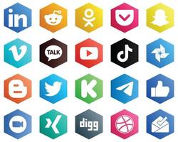 25 Editable White Icons such as blogger. kakao talk. china and douyin icons. Hexagon Flat Color Backgrounds vector