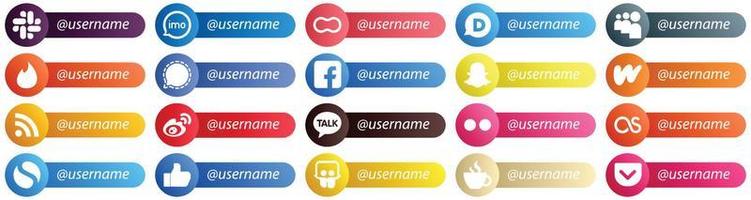 20 Card Style Follow Me Social Media Platform Icons such as snapchat. fb. disqus. facebook and mesenger icons. Modern and high quality vector