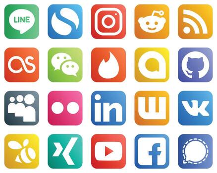 20 Professional Social Media Icons such as linkedin. flickr. lastfm. myspace and google allo icons. Fully customizable and professional vector
