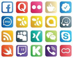 20 Essential Social Media Icons such as waze. swarm. streaming and audio icons. Fully editable and professional vector