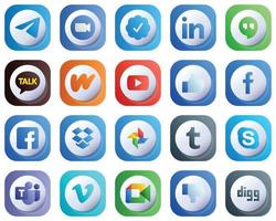 20 Cute 3D Gradient Simple Social Media Icons such as facebook. video. linkedin. youtube and wattpad icons. Editable and High-Resolution vector