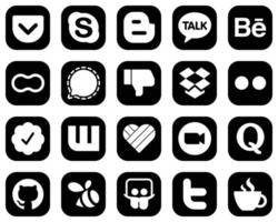 20 Simple White Social Media Icons on Black Background such as yahoo. dropbox. mothers and facebook icons. Minimalist and professional vector