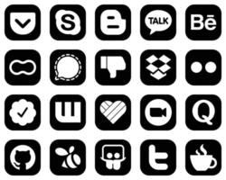 20 Simple White Social Media Icons on Black Background such as yahoo. dropbox. mothers and facebook icons. Minimalist and professional vector