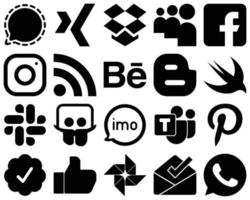 20 Elegant Black Solid Glyph Icons such as swift. blogger. behance and rss icons. Eye-catching and editable vector