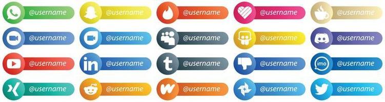 Card Style Follow Me Icons for Major Social Media 20 pack such as message. video. discord and myspace icons. Premium and high quality vector